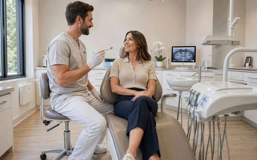 Dentista conversando com a paciente no consultório